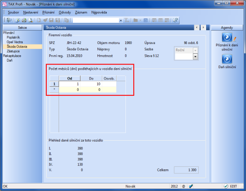 TAX: Ze zadaného počátku a konce zdaňovacího období TAX vychází v sekcích jednotlivých vozidel. Pole jsou však editovatelná pro případné úpravy.