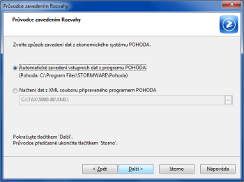 TAX: Pokud máte programy POHODA a TAX nainstalované na stejném počítači, můžete využít automatické zavedení vstupních dat z programu POHODA.