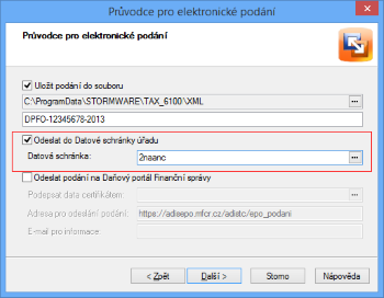 Pokud budete chtít odeslat tiskopis elektronicky přes datovou schránku, na&nbsp4.&nbspstraně průvodce zatrhněte volbu Odeslat do Datové schránky úřadu.