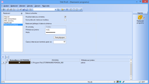 Používání datových schránek si nastavíte v agendě Nastavení/Nastavení programu v sekci Datová komunikace. Do příslušných polí zadejte přihlašovací údaje do své datové schránky a zatrhněte volbu Používat datovou komunikaci
