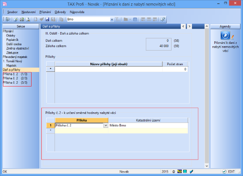 Pro vystavení tiskopisu Příloha č. 2 - k přiznání k dani z nabytí nemovitých věcí k určení směrné hodnoty pozemku zapište údaje postupně do&nbspjednotlivých řádků v sekci Daň a přílohy v agendě Přiznání k dani z nabytí nemovitých věcí.