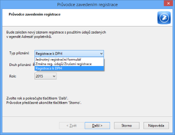 Pro vystavení tiskopisu přihlášky k registraci k DPH zatrhněte v průvodci možnost Registrace k DPH a vyberte příslušný rok.