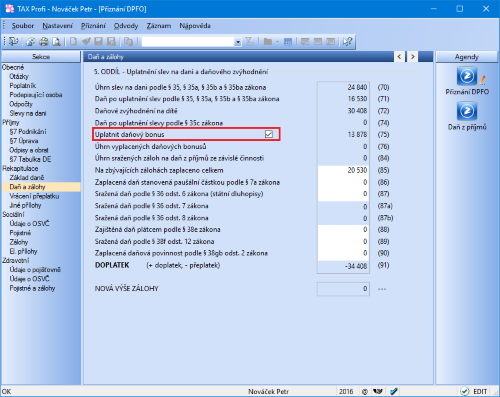 Pokud vám vznikl nárok na uplatnění daňového bonusu, TAX automaticky zatrhne volbu označenou na obrázku.
