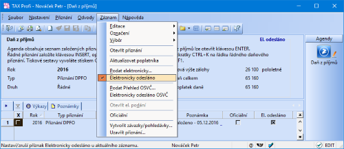 Příznak El. odesláno můžete u záznamu zrušit opětovným zvolením povelu Záznam/Elektronicky odesláno.