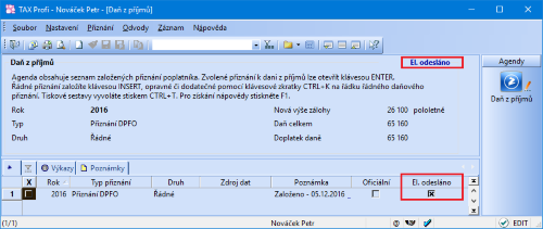 Příznakem El. odesláno TAX označí všechna přiznání, která jste úspěšně odeslali na portál EPO.