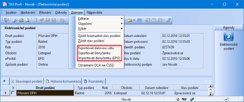 Pod nabídkou Záznam v agendě Elektronická podání naleznete hned tři nové povely.