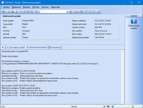 O podaných elektronických výkazech budete mít dokonalý přehled díky záložce Historie komunikace.