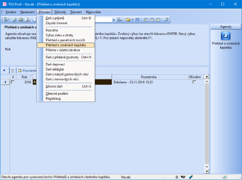 Novou agendu Přehled o změnách kapitálu najdete v programu TAX pod nabídkou Přiznání.