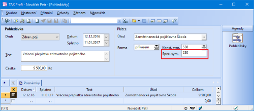 Rovněž agenda Pohledávky nyní obsahuje pole Spec. sym. pro platbu pojistného na zdravotní pojištění.