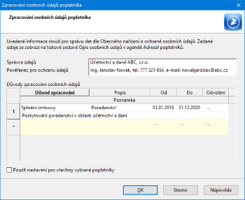Pomocí dialogu nastavíte doplňující informace týkající se osobních údajů poplatníka