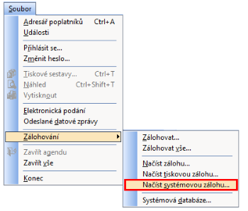 Zálohovanou systémovou databázi můžete obnovit i ručně přes povel Načíst systémovou zálohu...