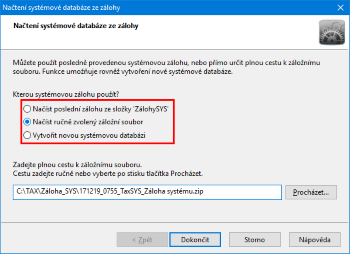 V dialogovém okně si vyberete způsob načtení zálohy, případně si můžete vytvořit i novou