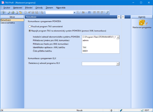 Pro nastavení, které se aplikuje v rámci celého programu TAX, využijte agendu Nastavení programu