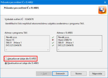 V případě, že se údaje neshodují, můžete je aktualizovat dle IS ARES