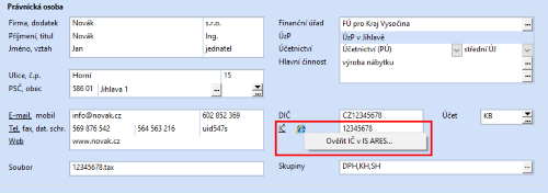 Ověřit údaje o poplatníkovi v IS ARES můžete i dodatečně, stačí zvolit povel Ověřit IČ v IS ARES...