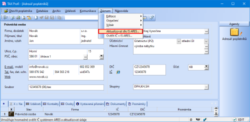 Pro zkontrolování dat u více poplatníků najednou využijte povel Záznam/Aktualizovat dle IS ARES...