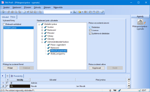 Práva pro Administrátorské funkce nově naleznete v samostatné větvi v sekci Nastavení práv uživatele