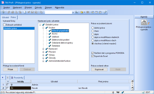 Na záložce Práva určíte přístup uživatele do vybraných firem a definujete práva pro jednotlivé agendy programu