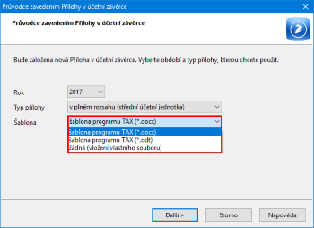 Program TAX vám při zavádění Přílohy v účetní závěrce nabídne kromě šablon i možnost vložit si vlastní soubor s přílohou