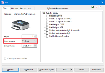 Přímo v dialogovém okně Tisk si nyní vyberete nastavení oboustranného tisku