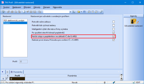 Díky této volbě se po založení nového záznamu a vyplnění IČ poplatníka automaticky načtou informace z IS ARES