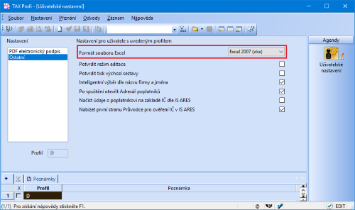 Formát souboru Excel, do kterého se budou exportovat data pomocí povelu Otevřít v Excelu, vyberete v sekci Ostatní v agendě Uživatelské nastavení