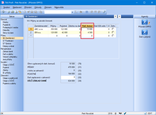 Nově můžete zadat daňový bonus zvlášť podle jednotlivých zaměstnavatelů