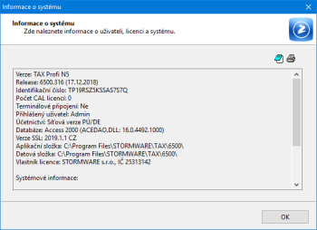 Ze zobrazeného dialogového okna zjistíte údaje o uživateli, licenci programu a systémových datech