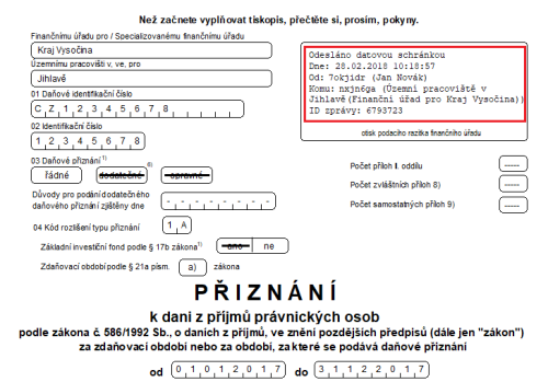 Když v dialogovém okně Tisk zatrhnete volbu Včetně podacího razítka, zobrazí se vám na přiznání razítko s potvrzením o jeho podání