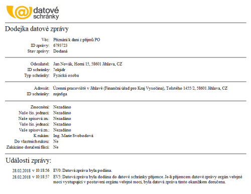 U záznamů, které mají navázanou doručenku z datové schránky, se zobrazí sestava Dodejka/Doručenka datové zprávy