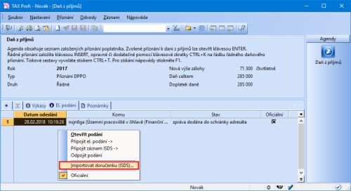 Díky povelu Importovat doručenku (ISDS)… si můžete načíst doručenku ve formátu ZFO