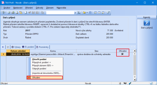 Jestliže chcete zobrazit razítko na přiznání podaném na Daňový portál Finanční správy (EPO), je potřeba mít záznam označený jako Oficiální