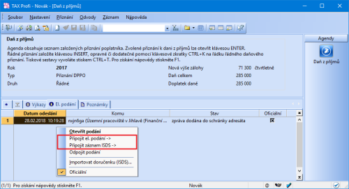 Díky novým povelům připojíte záznam z agendy Elektronická podání, resp. Odeslané datové zprávy