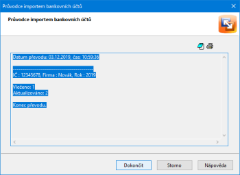 Průvodce importem bankovních účtů vám nabídne přehled nově vložených a aktualizovaných záznamů