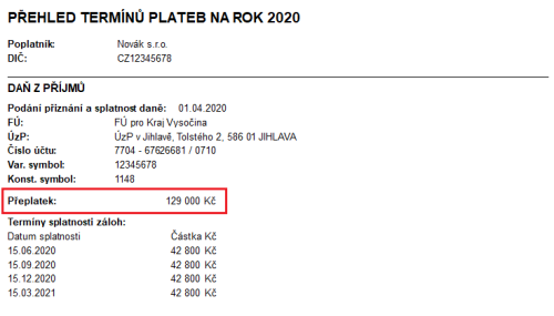 V tiskové sestavě Přehled termínů plateb uvidíte nově text Přeplatek a jeho kladnou hodnotu