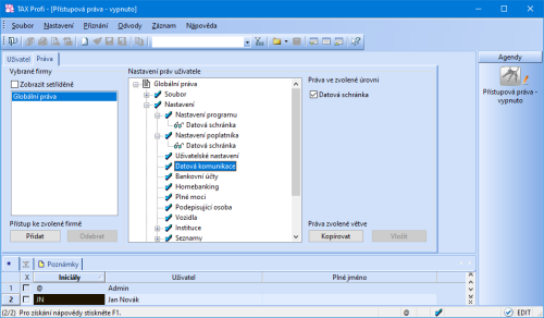 V agendě Přístupová můžete nově uživateli omezit právo na úpravu sekce Datová schránka, ale zároveň mu povolit odesílání datové zprávy z programu