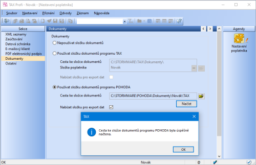 O úspěšném načtení složky dokumentů z programu POHODA budete informováni prostřednictvím hlášení v programu TAX