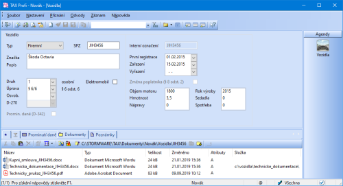 V agendě Vozidla přiřadíte k zaevidovaným automobilům naskenované dokumenty