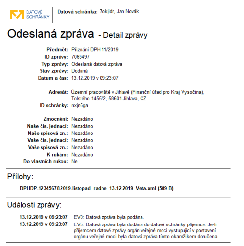Na tiskové sestavě Odeslaná datová zpráva uvidíte detail datové zprávy včetně přílohy