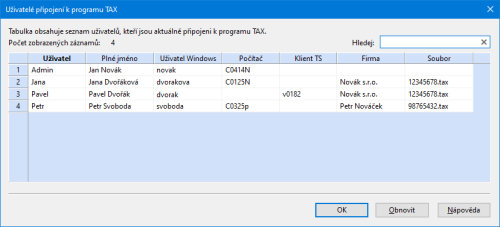Chcete mít přehled, kteří uživatelé se přihlásili do programu TAX? Nyní si můžete kompletní seznam uživatelů snadno zobrazit v agendě Adresář poplatníků pomocí povelu Připojení uživatelů z nabídky Databáze