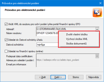 Průvodce pro elektronické podání vám nově nabídne více možností k uložení odesílaného XML souboru přiznání