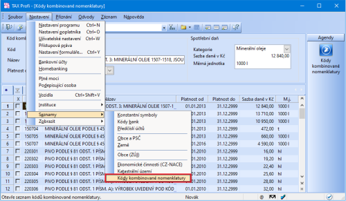 Novou agendu Kódy kombinované nomenklatury otevřete z menu Nastavení/Seznamy