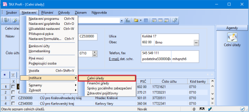 V menu Nastavení naleznete povel Instituce, kam jsme přidali agendu Celní úřady a přesunuli agendy ostatních úřadů
