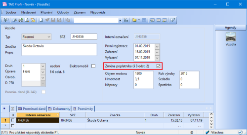 Volbu Změna poplatníka (§ 8 odst. 2) zvolte, pokud po vyřazení automobilu z vaší evidence přechází daňová povinnost na jiného poplatníka