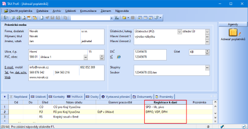 V novému sloupci Registrace hned uvidíte, k jakým daním je daný poplatník registrovaný