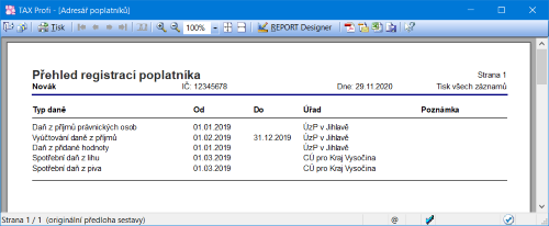 Přehled registrací poplatníka si můžete vytisknout díky nové tiskové sestavě