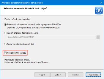 Potřebujete-li načíst přiznání včetně výkazů, zaškrtněte tuto volbu