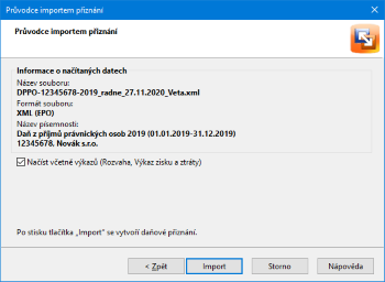 Zkontrolujte informace o načítaných datech, popř. využijte možnost načtení přiznání včetně výkazů, a stiskněte Import
