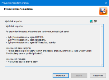 Průvodce vám ukáže výsledek importu a také upozorní na sekce, které je nutné zkontrolovat