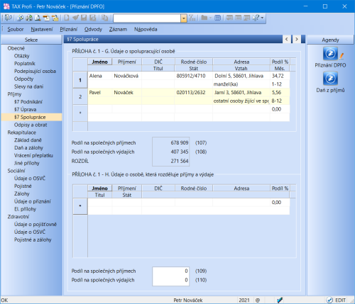 TAX si nově poradí s rozdělením příjmů a výdajů na spolupracující osoby na základě zadaných měsíců spolupráce